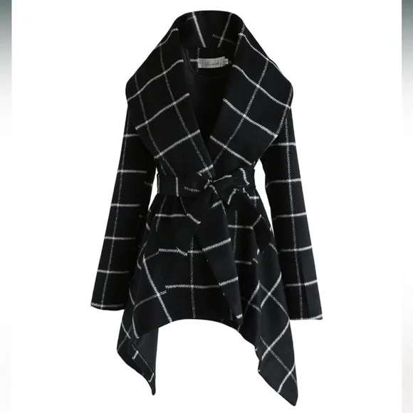 Chicwish Shawl Collar Black w/ White Grid Asymmetric Hem Wool Blend Coat Small - Picture 9 of 11